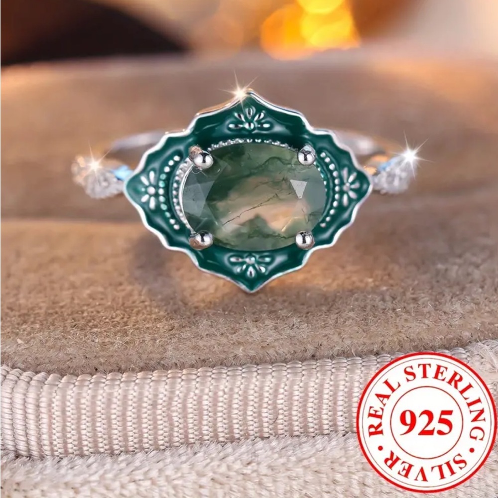 Vintage Style 925 Moss Agate Inlaid Ring